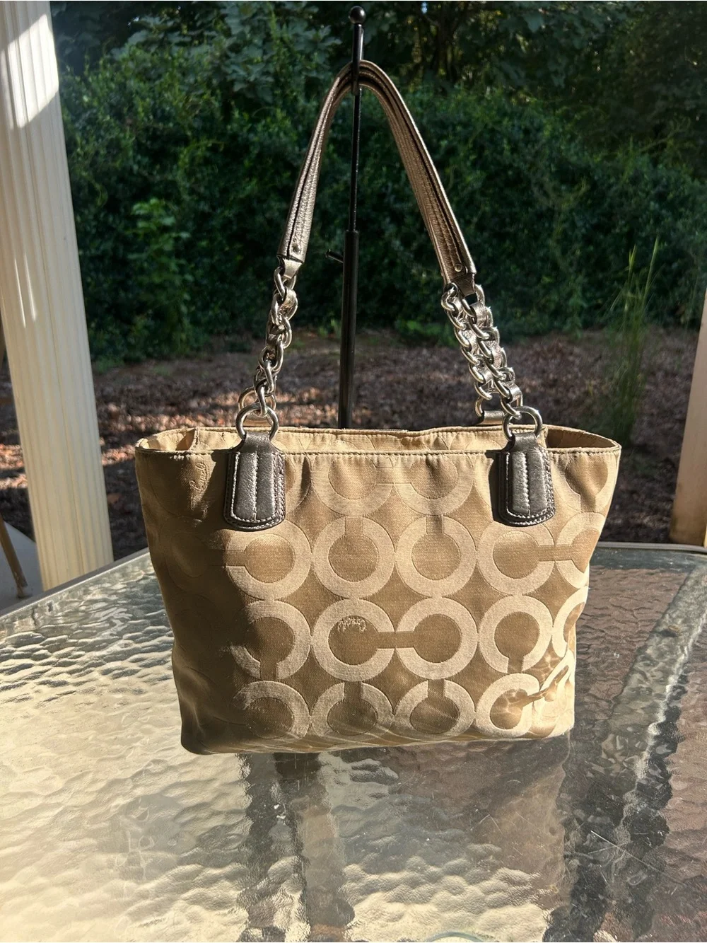 Coach 20481 Signature Jacquard Metallic Gold Chain Strap Tote Bag